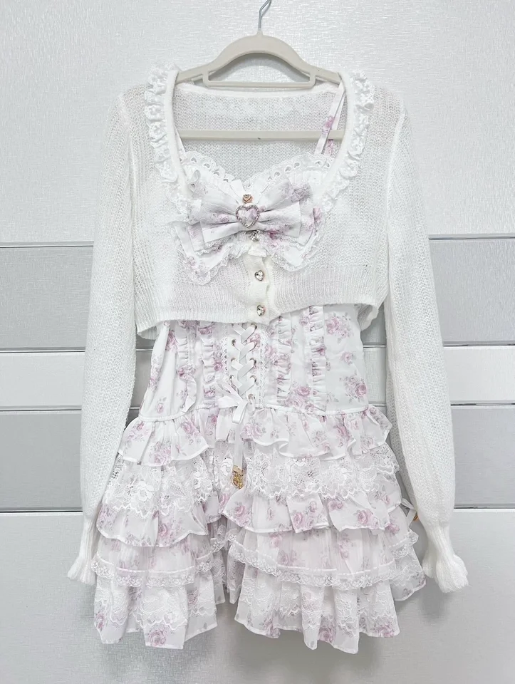 Conjunto de Dos Piezas de Encaje Floral Estilo Lolita Japonés para Mujer, con Lazo, Volantes y Falda Mini a Capas, Ropa Diaria Femenina