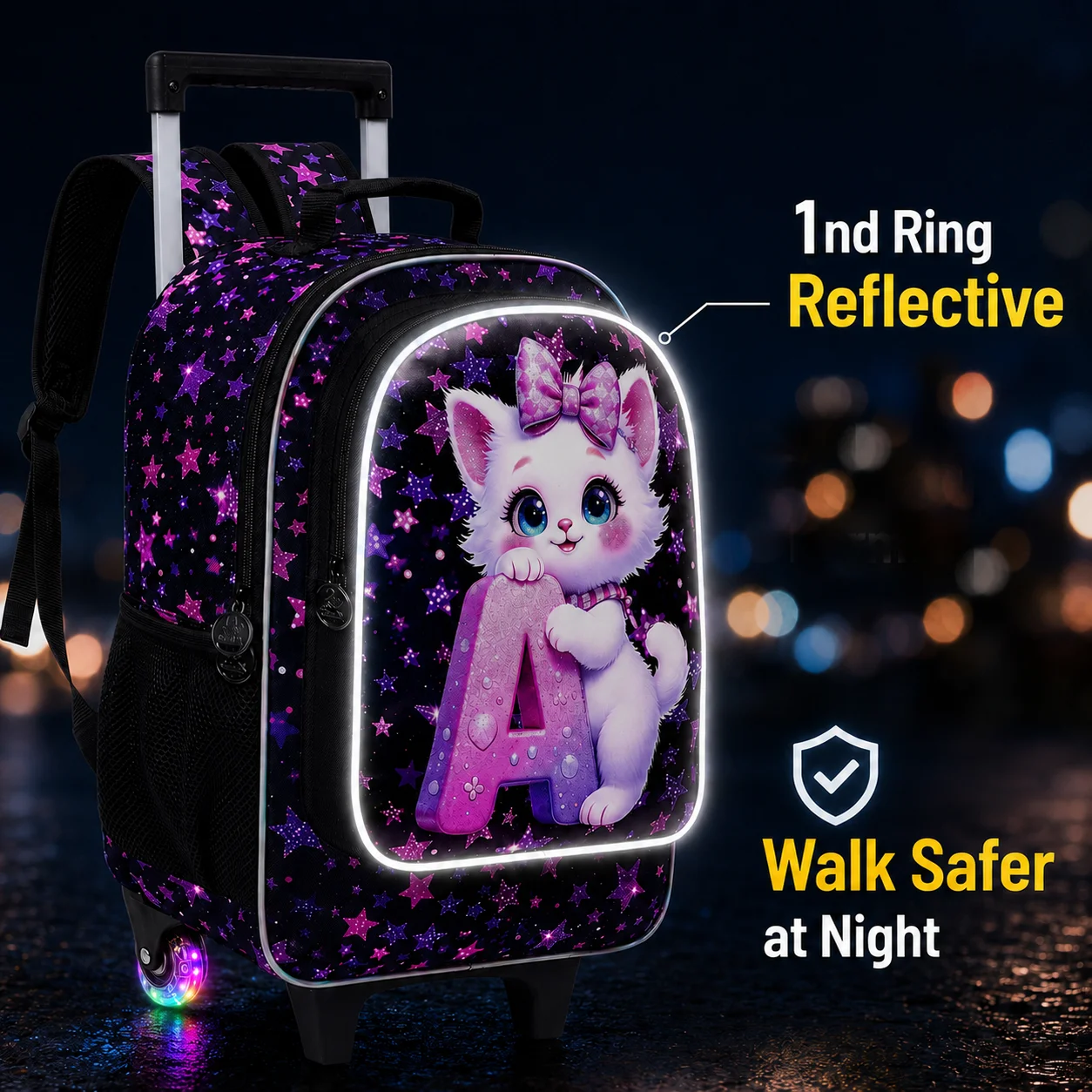 Juego de 3 mochilas con ruedas para niñas, mochila escolar con ruedas con diseño de gato y letra A, con bolso de mano y estuche para lápices