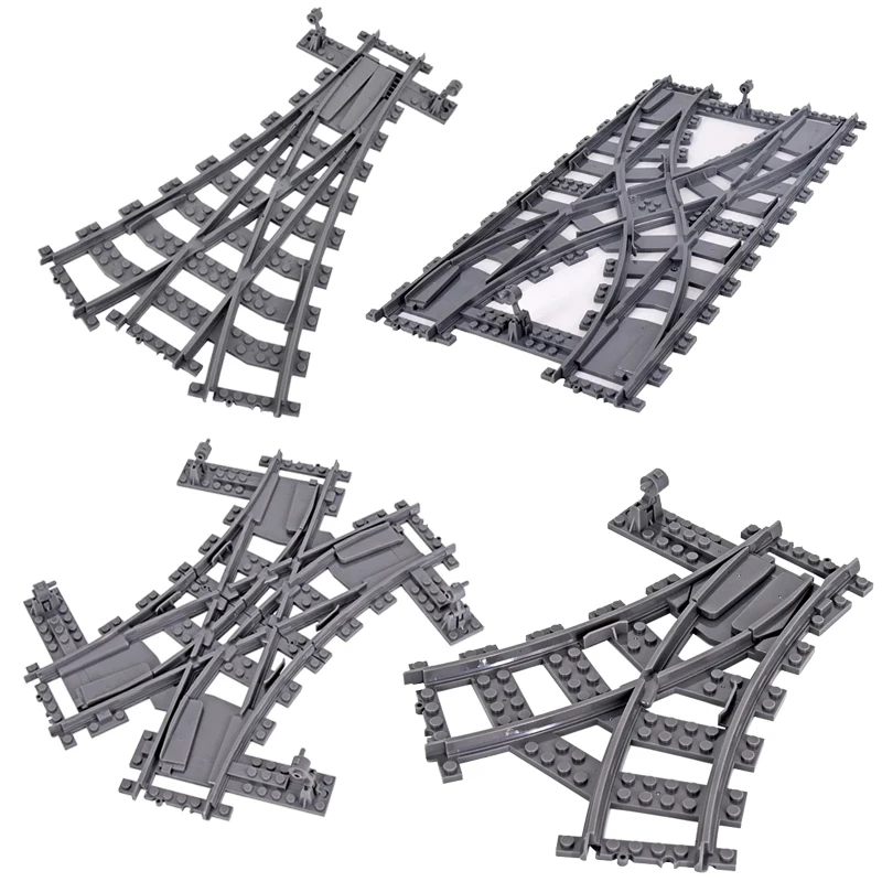 Trenos urbanos, puntos izquierdo y derecho, interruptor Flexible, vías de cruce ferroviaria, rieles, bifurcados, rectos, curvos, bloques de construcción, juguete