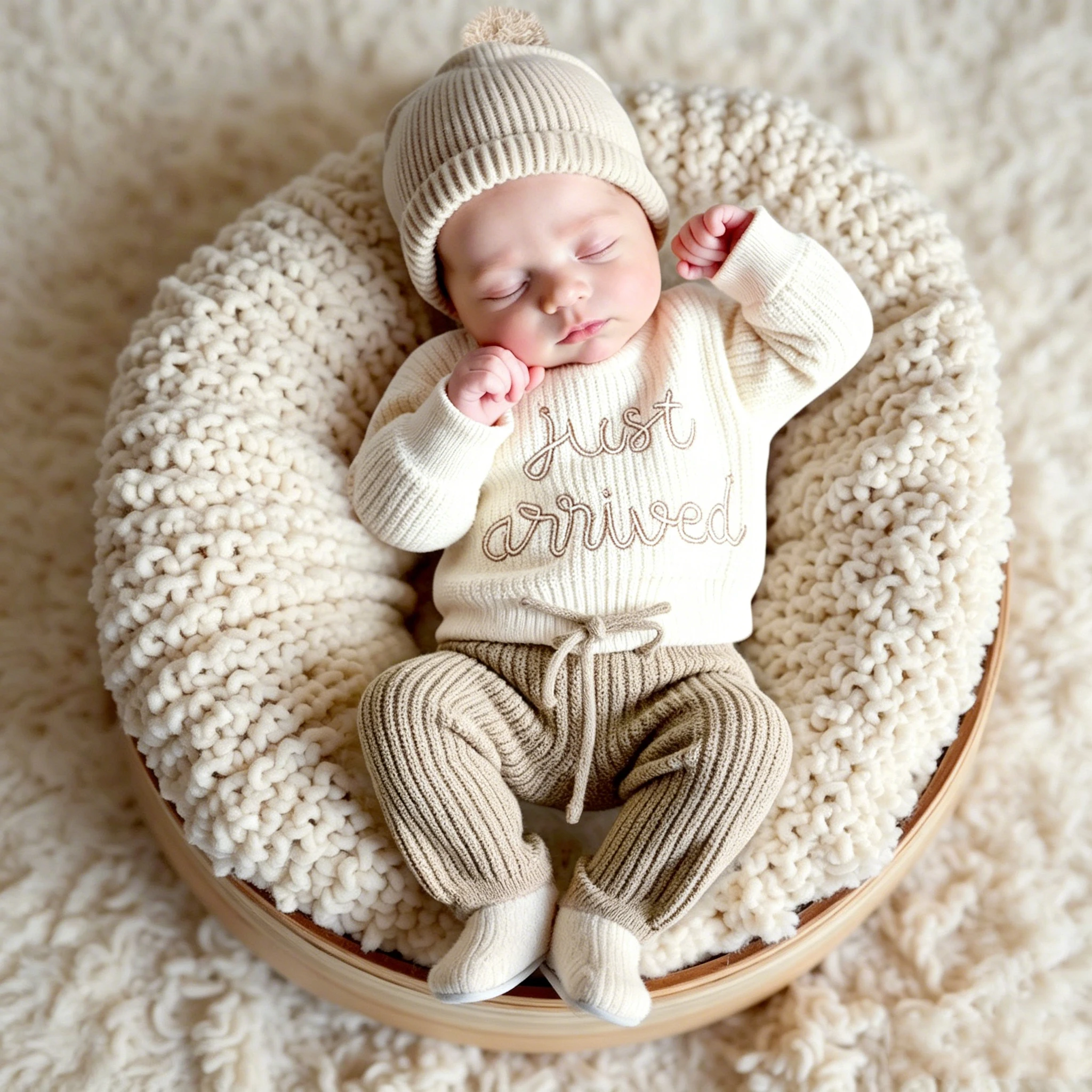 Ylsteed - Conjunto de 3 Piezas de Ropa de Punto para Fotografía de Recién Nacidos, Bordado 'Just Arrived', Color Caqui, Suéter para Bebé, Regalo para Baby Shower
