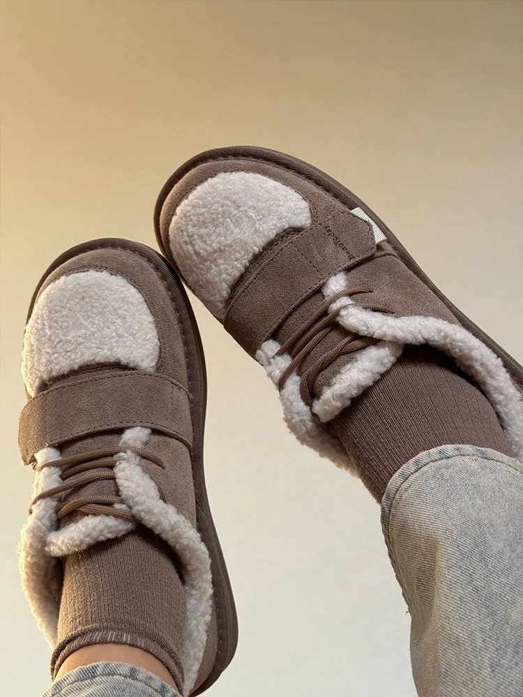BEAUTODAY, zapatos peludos para mujer, zapatos planos de cuero vacuno con punta redonda, gancho y bucle con cordones, mocasines de invierno para mujer hechos a mano A27843