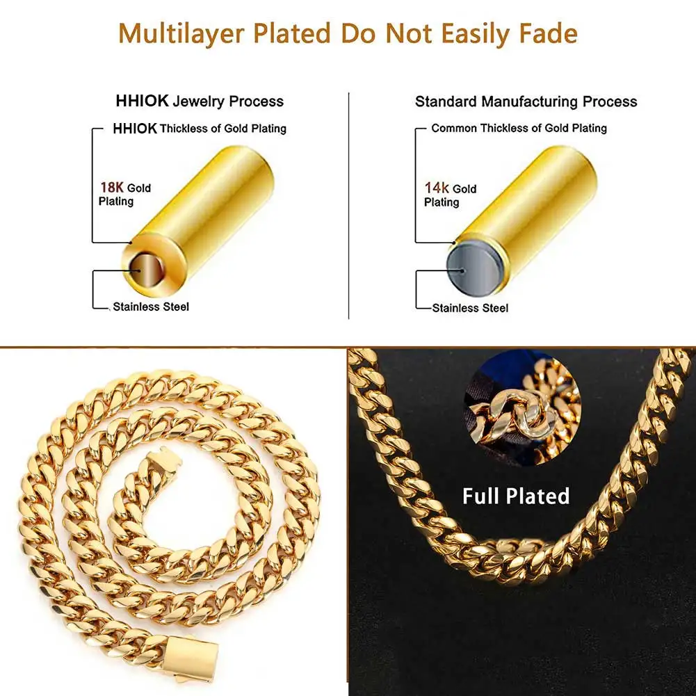 Cadena Cubana de Acero Inoxidable de Alta Calidad, Color Dorado, Ancho de 8-14 mm, Resistente al Agua, para Hombre y Mujer, Collar de Eslabones, Varios Tamaños