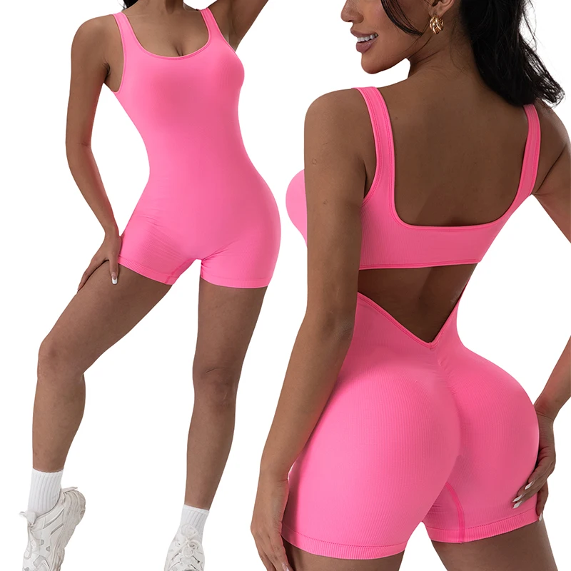 Traje de Yoga con espalda descubierta para mujer, mono deportivo sin mangas con cuello en U, mono elástico roscado de Color sólido sin almohadillas para el busto, 1 Uds.
