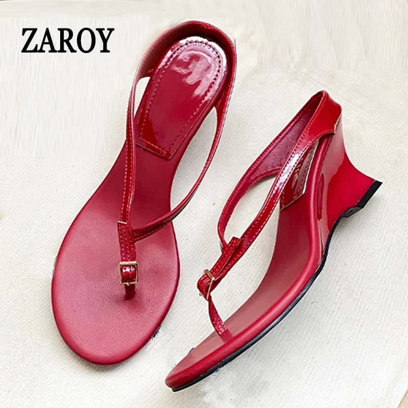 Sandalias de lujo de diseñador para mujer, tipo chanclas con cuña, tacón alto de 6 cm, punta abierta, con hebilla de moda, rojas, gruesas, шлепки женские