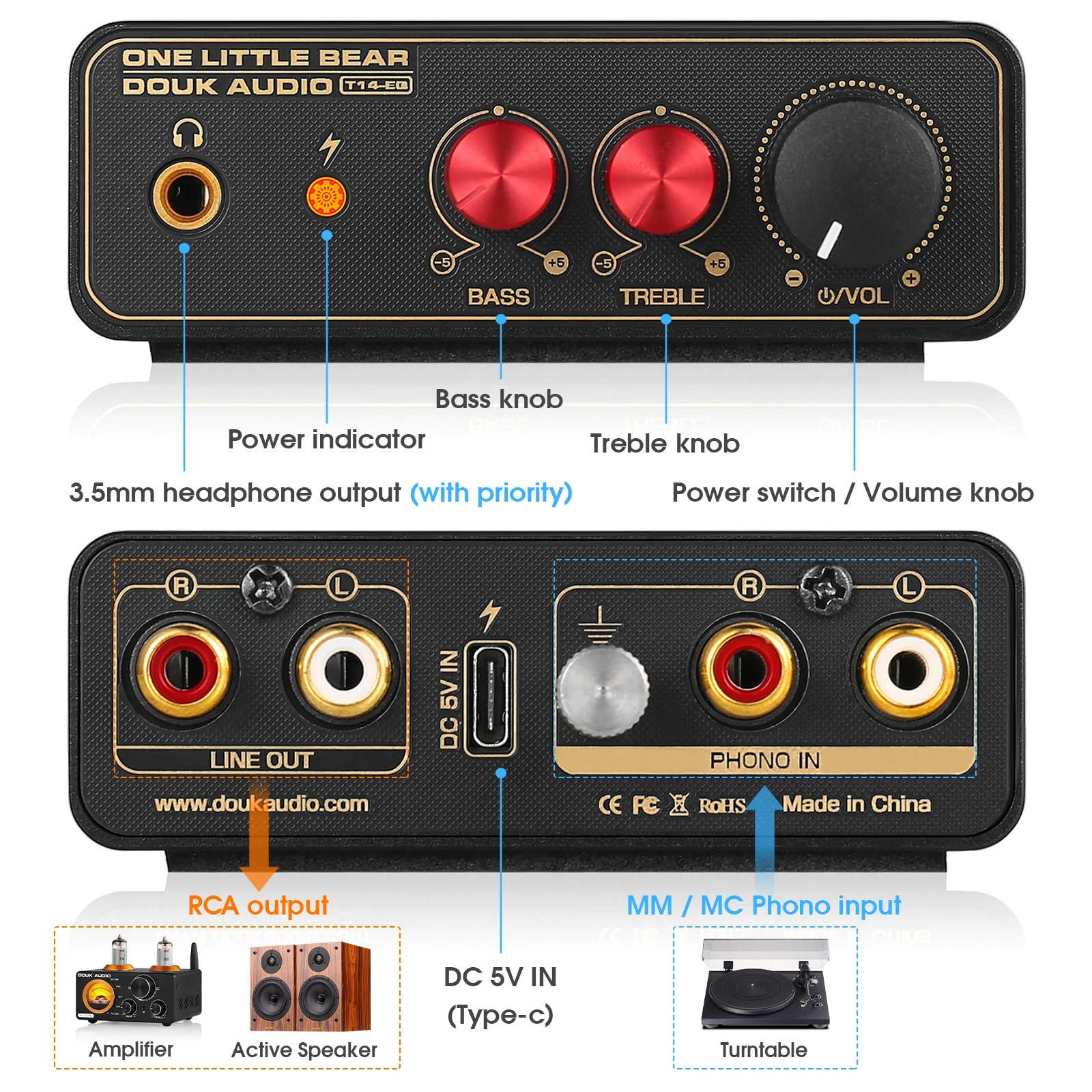 Douk Audio T14-EQ estéreo RIAA MM/MC preamplificador de escenario Phono tocadiscos para el hogar preamplificador con amplificador de auriculares de 3,5mm