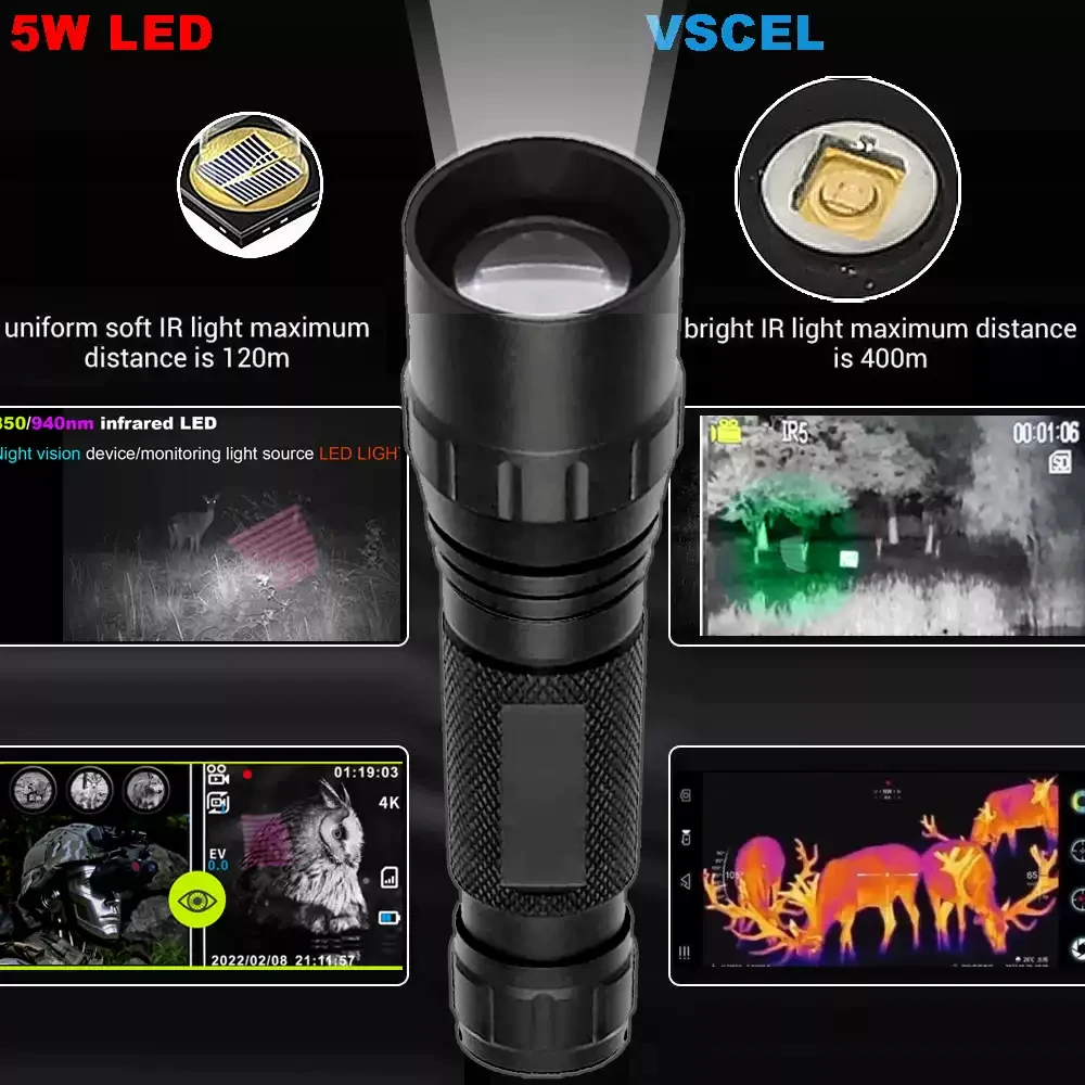 Linterna Infrarroja Complementaria VCSEL de 7W, 850nm/940nm, con Zoom, Silenciosa, Potencia Ajustable, Luz IR de 810nm