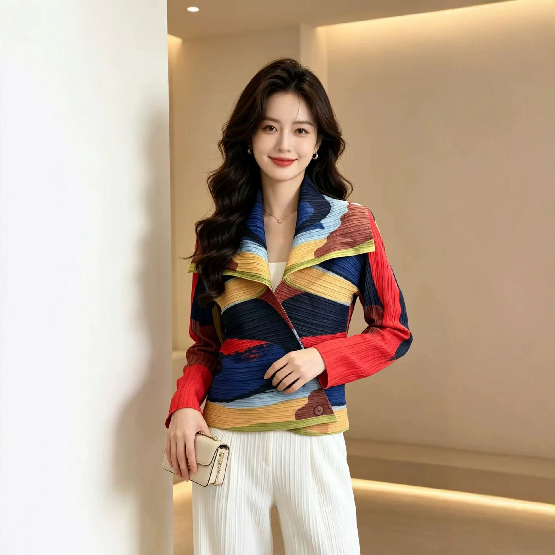 Camisa Plisada con Estampado de Dibujos Animados Miyake para Mujer, Cuello Solapa, Manga Larga, Cierre de Botón, Top de Moda, Cárdigan, Nueva Colección 2026