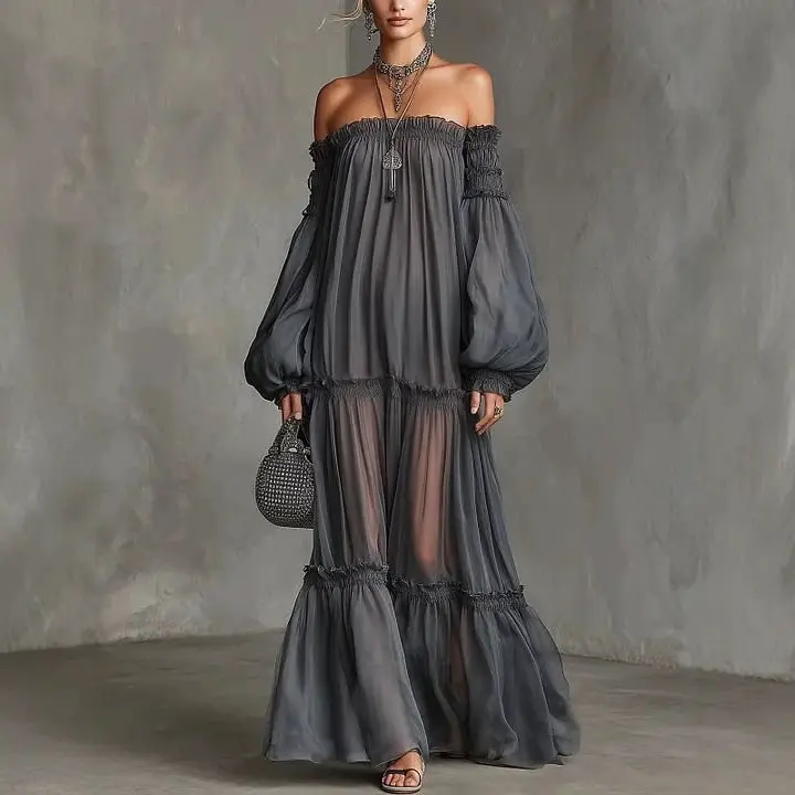 Elegante Vestido Maxi con Hombros Descubiertos y Mangas Largas Abullonadas para Mujer, Transparente con Volantes en Capas, Fluido, para Playa, Vacaciones, Noche, Vestidos