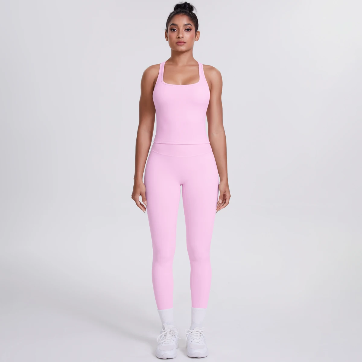 Hamidou - Conjunto de yoga de 2 piezas para mujer: leggings de fitness de secado rápido con efecto push-up y top deportivo con espalda en I de color liso.