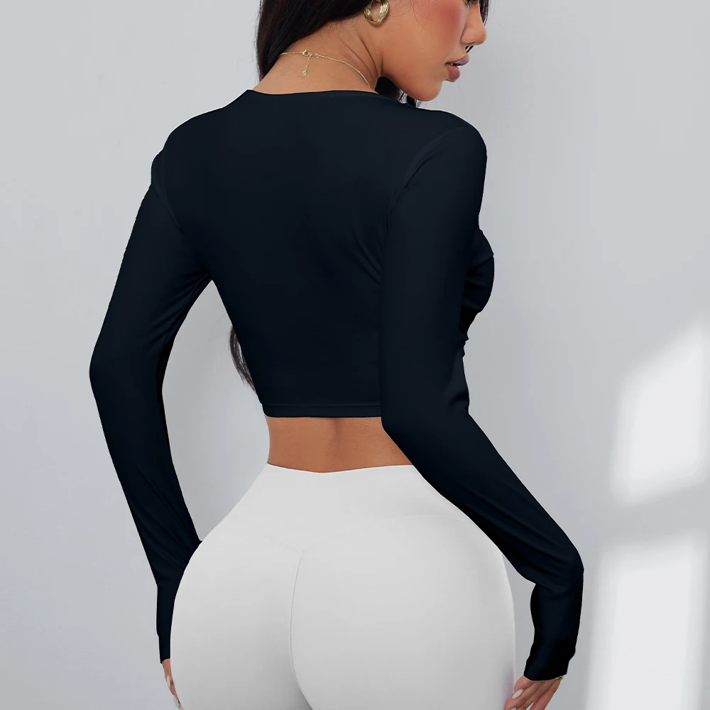 Anfilia-Top de Yoga para mujer, Top Sexy con cuello en V, diseño de giro frontal, manga larga, secado rápido, transpirable, sujetador incorporado, Top corto para gimnasio y correr
