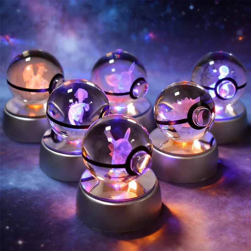 Bola de Cristal Pokémon 3D de 5CM, Mewtwo, Pikachu, Gengar, Bola de Cristal Pokémon, Figura Pokeball, Lámpara LED con Base de Luz Nocturna, Regalo