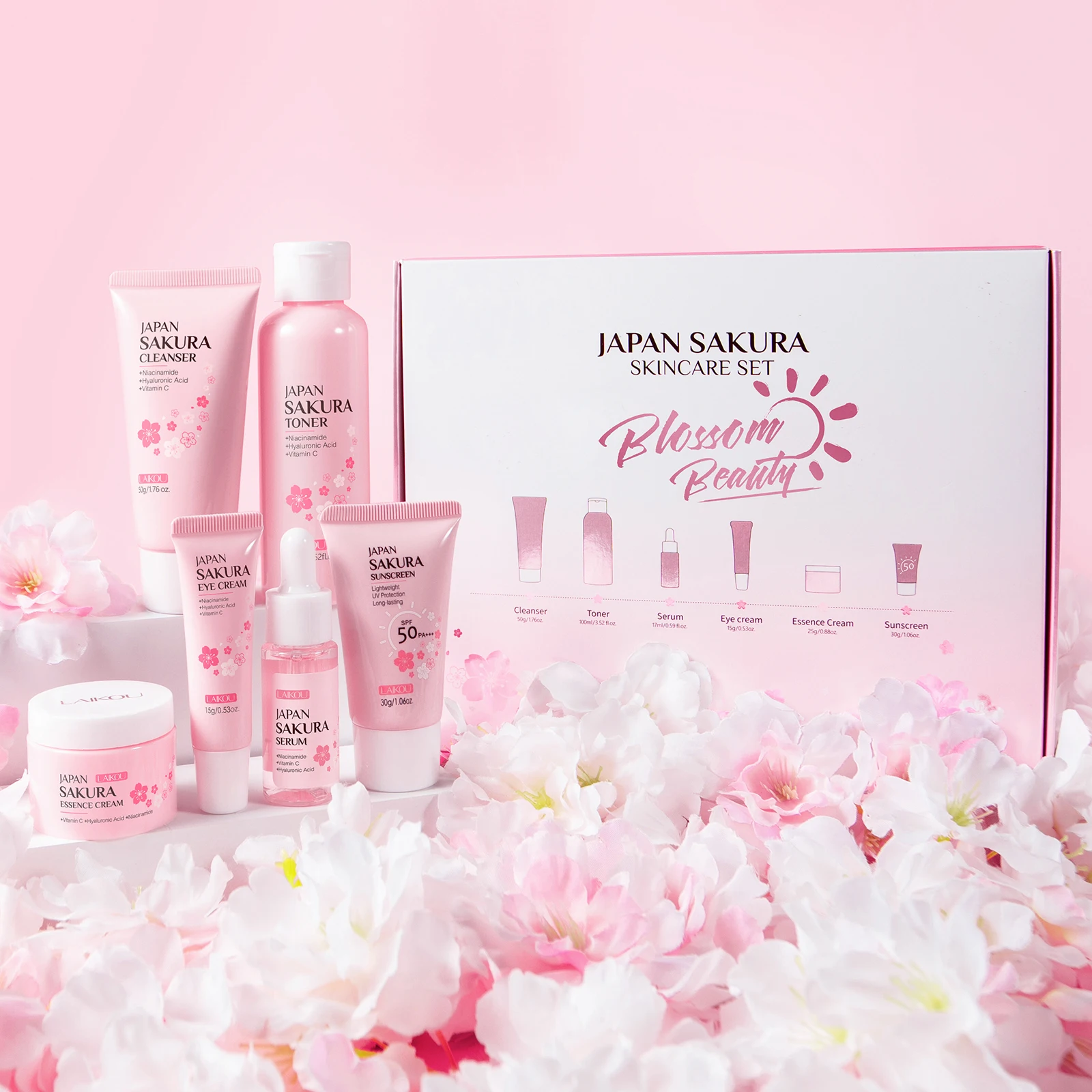 Set Completo de Cuidado Facial LAIKOU Japan Sakura: Limpiador, Tónico, Sérum, Crema, Crema para Ojos, Protector Solar, Kit de Viaje