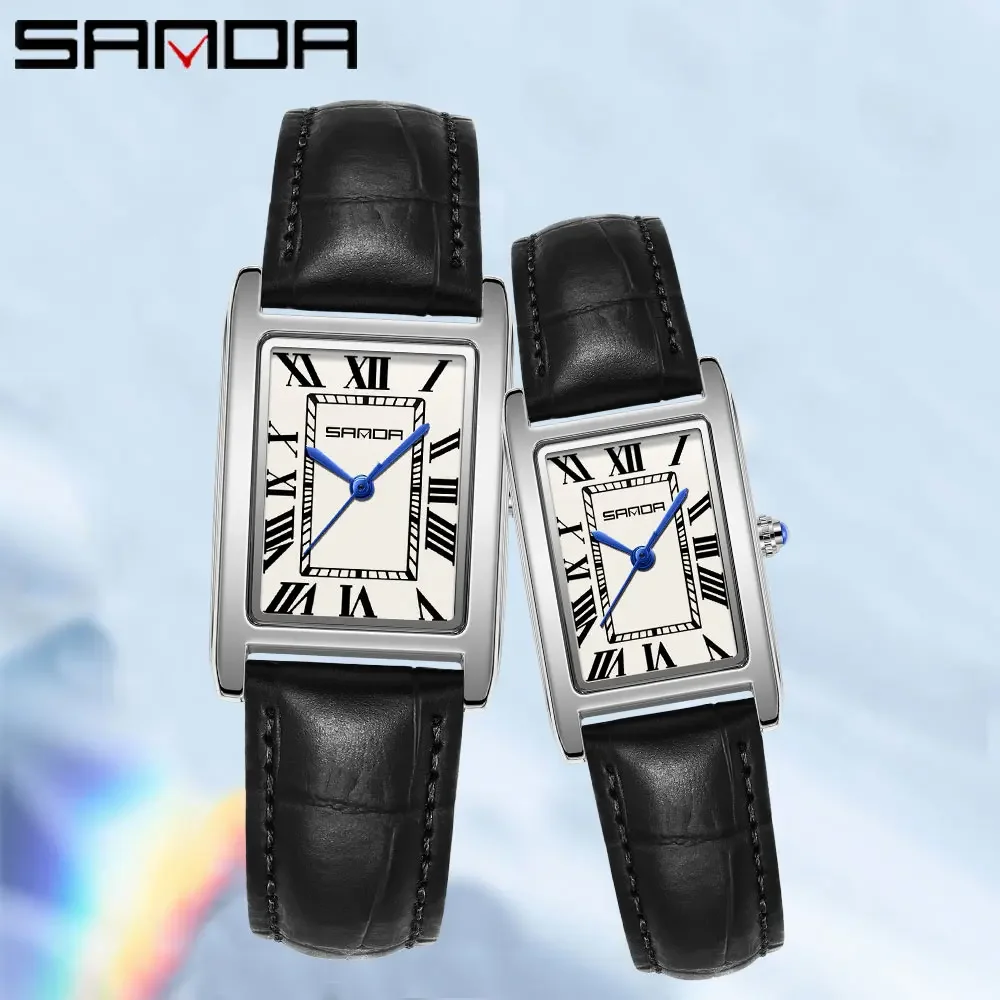 Reloj SANDA de lujo para parejas, correa de cuero resistente al desgaste, esfera cuadrada, resistente al agua, deportivo, informal, relojes de cuarzo para hombres y mujeres