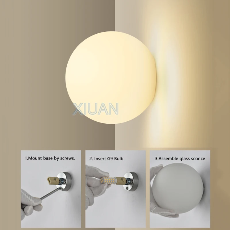 Luces de vidrio redondas, Base oculta moderna, lámpara de pared de vidrio blanco lechoso para dormitorio, mesita de noche, sala de estar, escalera, pasillo, entrada, Hotel