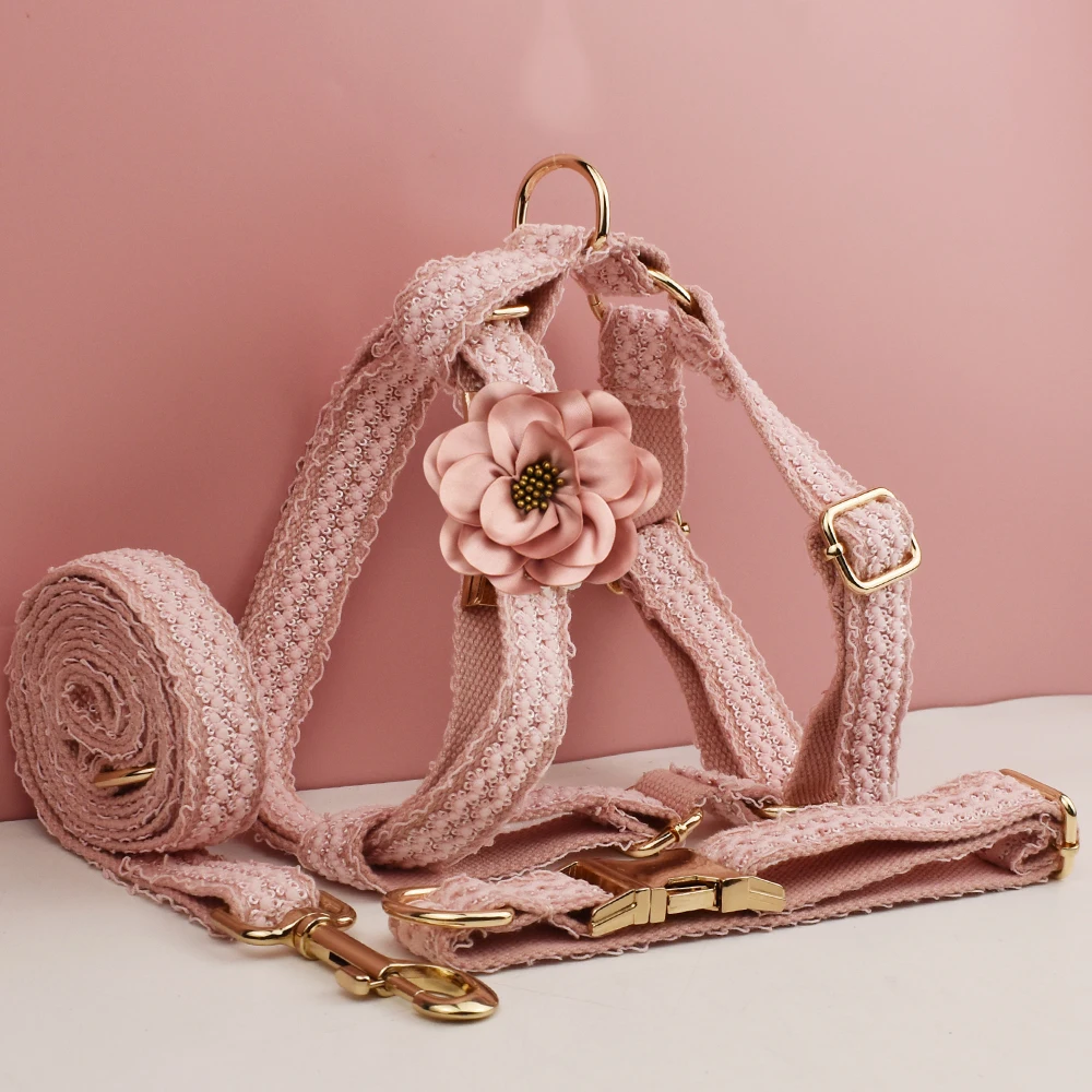 Collar de encaje rosa para perro, placa con nombre grabada personalizada, collar de boda para mascotas, arnés para perros, accesorios para perros, encaje de lujo 03