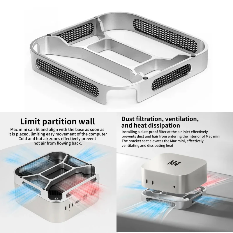 Base de Enfriamiento con Disipación de Calor y Protección Contra Polvo para Mac Mini M4/M4 Pro, Soporte de Enfriamiento de Aleación de Aluminio para Escritorio