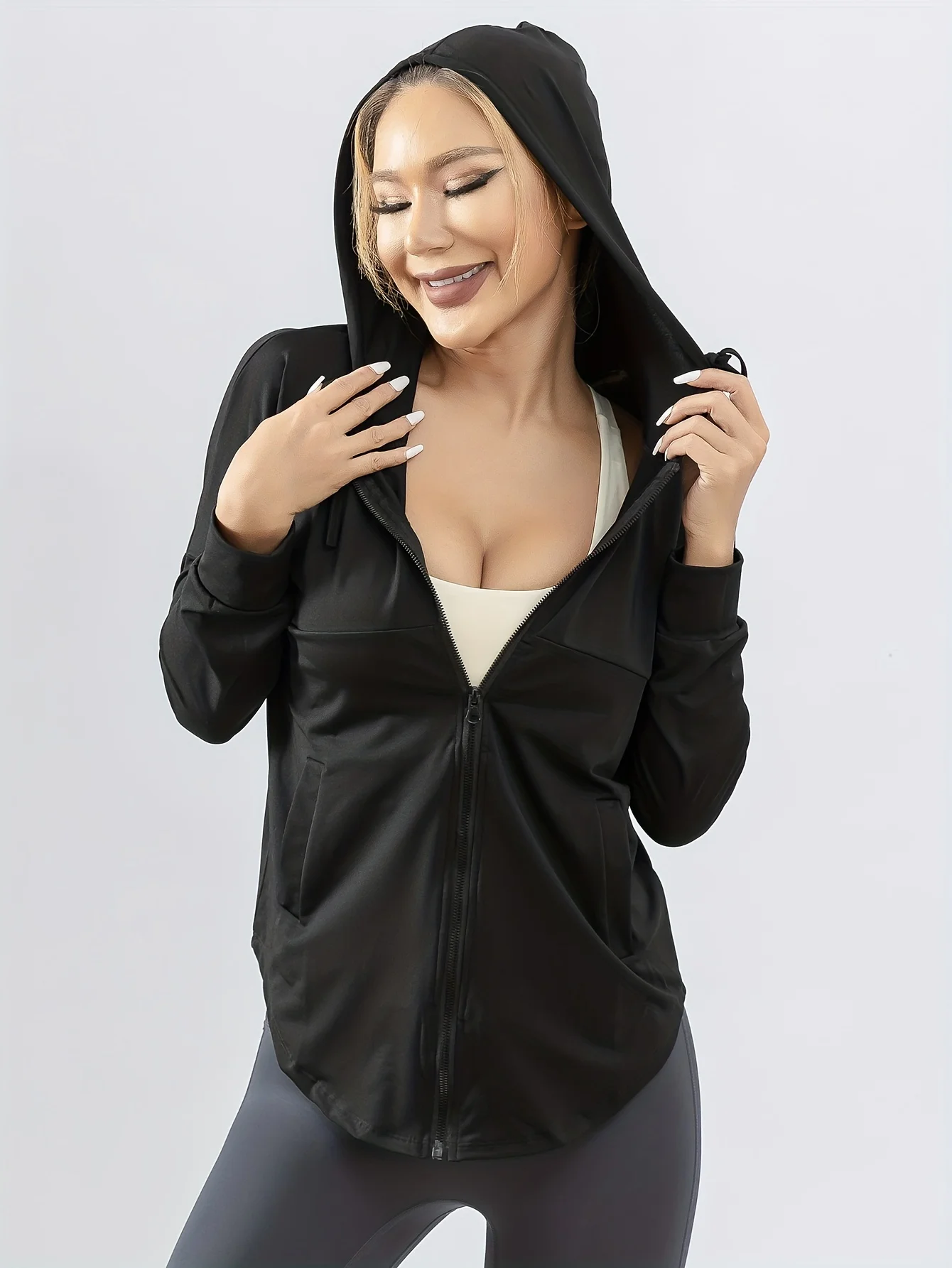 Chaqueta Deportiva con Capucha para Mujer, Holgada, para Correr, Talla Grande, Ropa de Fitness de Secado Rápido, Manga Larga, Top para Yoga