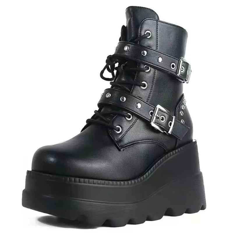 Nuevos botines de cuero Pu para mujer, Otoño Invierno, punta redonda, zapatos con cordones, Botas de plataforma para motocicleta para mujer, zapatos góticos