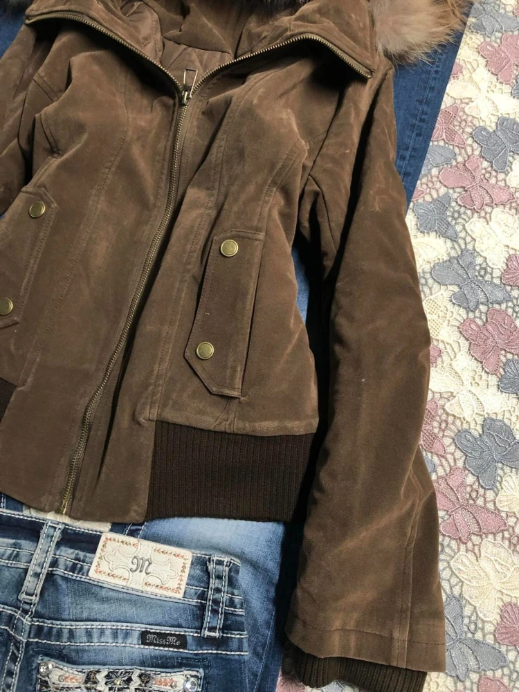 Chaqueta con capucha Harajuku de moda Vintage americana para mujer, abrigo corto ajustado con cuello de piel marrón, ropa de calle informal, prendas de vestir exteriores elegantes