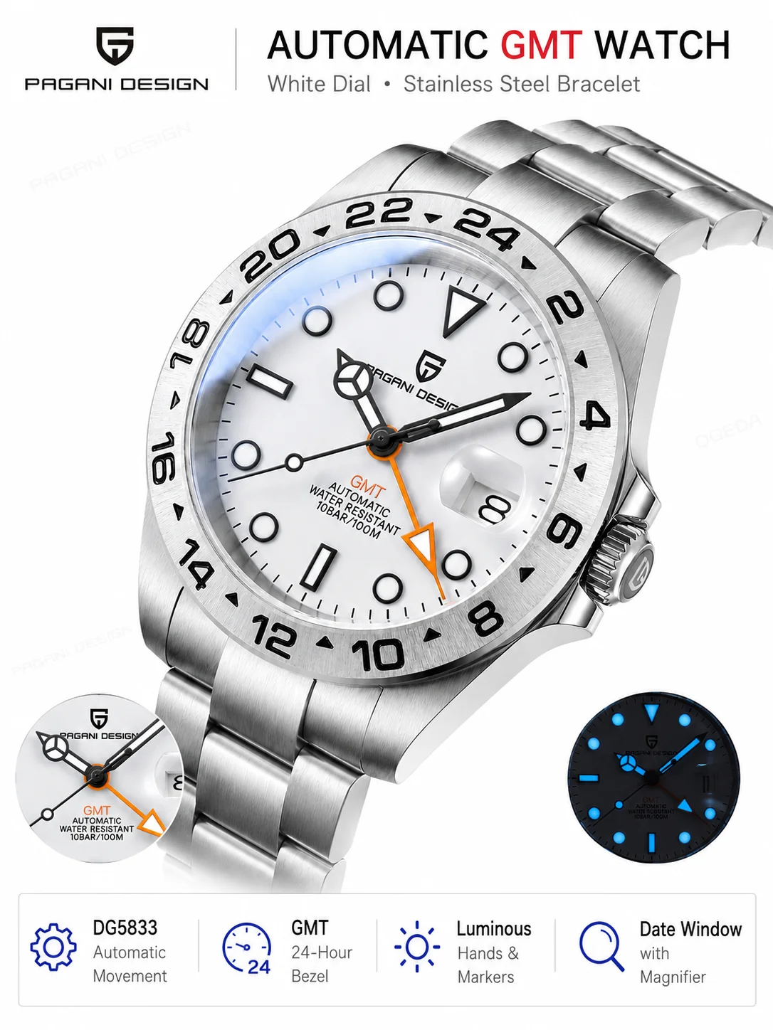 Reloj PAGANI Design 2026, Nuevo Reloj Mecánico Automático para Hombre, Reloj GMT de 42 mm, Reloj de Acero Inoxidable con Zafiro, Resistente al Agua, Reloj Hombre