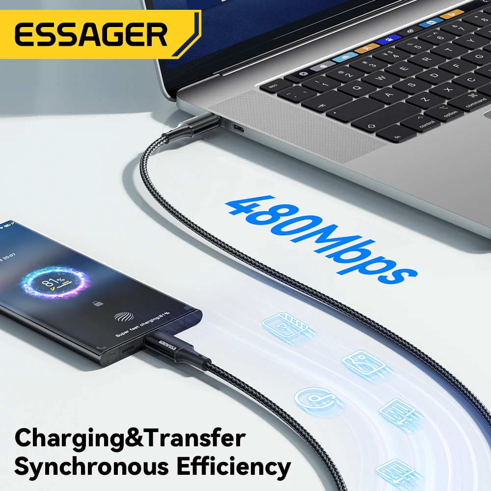 Cable USB C a USB Tipo C Essager de 100W, Cable de Carga Rápida PD de 5A, Cable USB Tipo C para iPhone 15, iPad, MacBook, Xiaomi, Samsung, Huawei