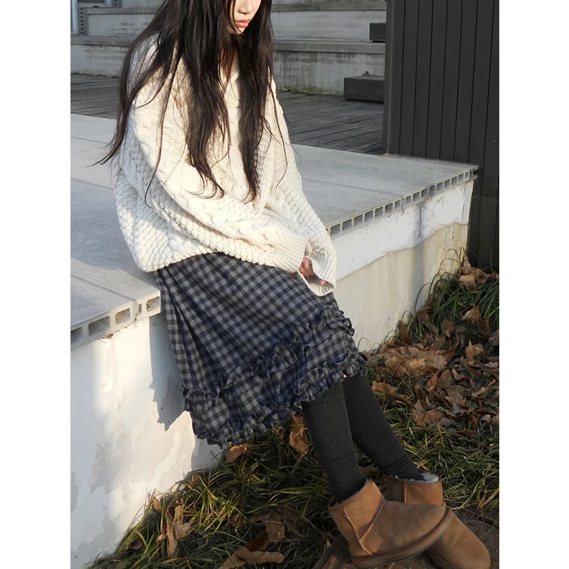 MEXZT-Falda Midi Vintage a cuadros para mujer, Faldas de retales con volantes de Harajuku japonés, ropa de calle informal Y2K, Faldas de corte A, novedad