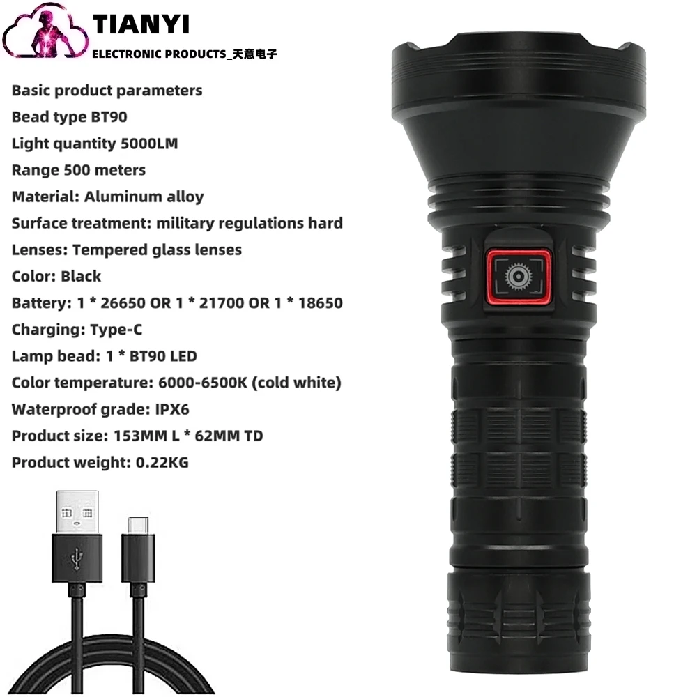 Linterna de Alta Potencia Multifuncional para Exteriores con Cargador de Batería, Batería de Litio 26650, Iluminación Impermeable, Luces Nocturnas