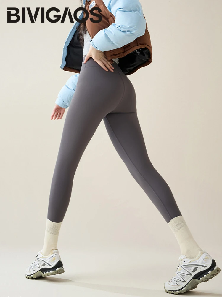 BIVIGAOS nuevo Otoño Invierno conejo polar Sharkskin Leggings mujeres Casual básico espesar cálido Leggings marrón forro polar medias