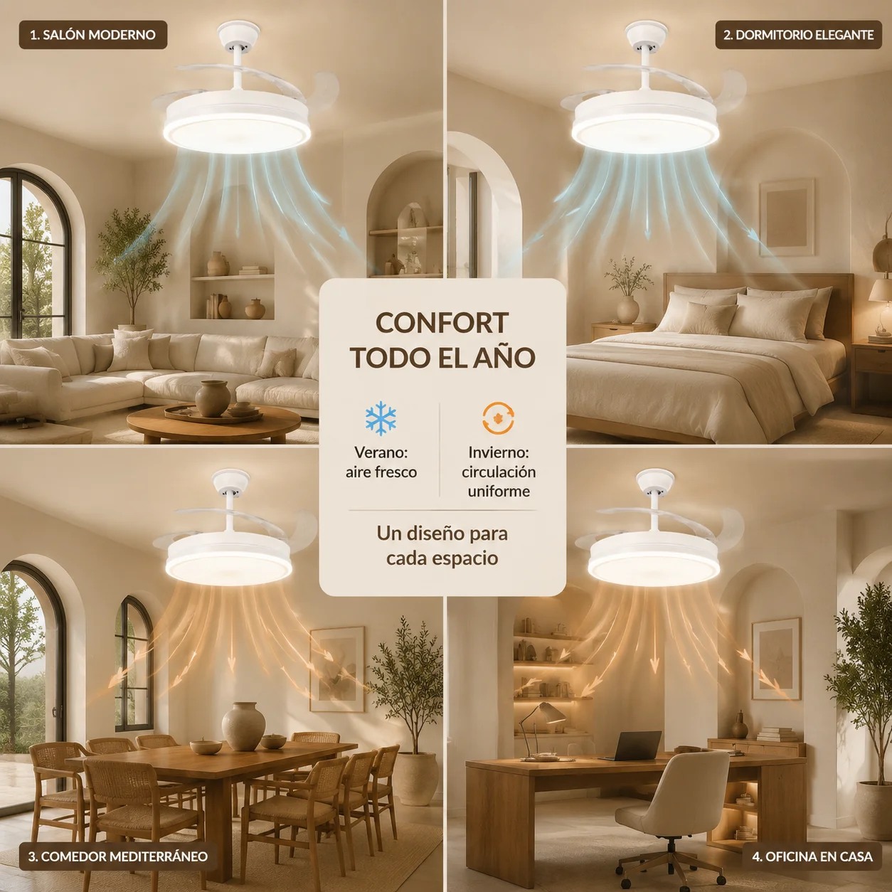 Ventilador de techo retráctil con luz LED integrada, motor DC silencioso y control remoto, 6 velocidades con iluminación CCT regulable para salón dormitorio comedor, ventilador moderno 2 en 1 de bajo consumo y diseño elegante