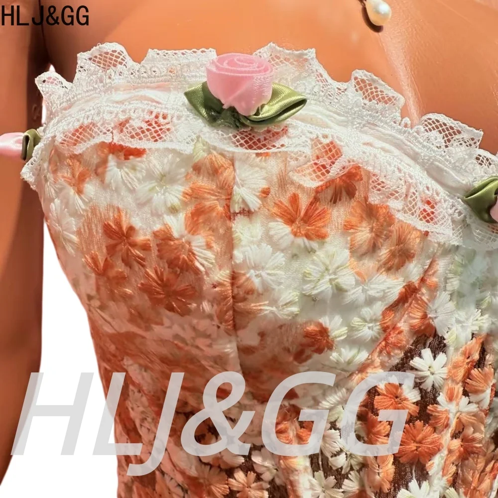 HLJ&GG-Conjunto de dos piezas con corsé bordado de flores y encaje para mujer, Top ajustado con hombros descubiertos y minifaldas con borlas, ropa de calle