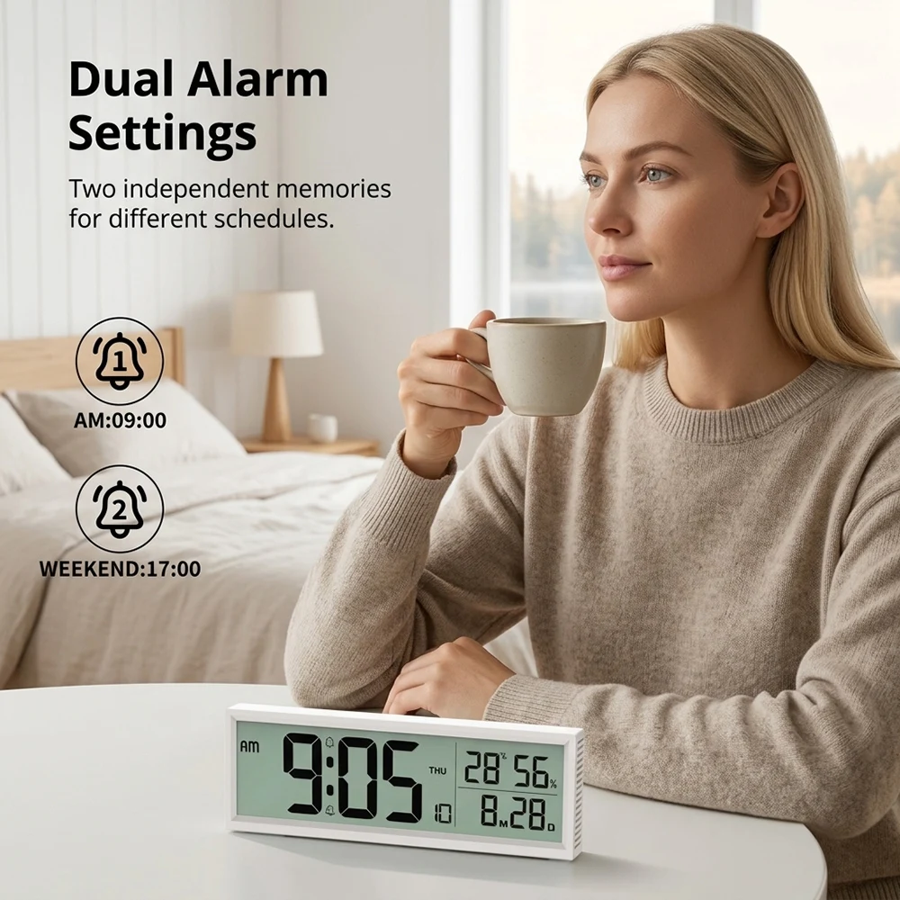 Reloj Despertador Digital con Temperatura, Humedad, Fecha y Día de la Semana, Reloj de Escritorio/Pared para Dormitorio, Hogar, Cocina, Funciona con Pilas, 8 Pulgadas