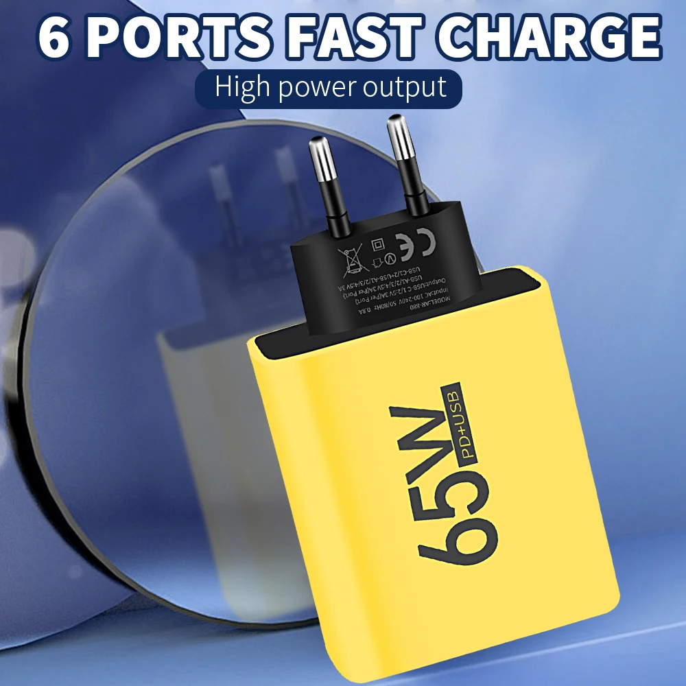 Cargador USB PD 65W, cargador rápido de 6 puertos tipo C, cargador de teléfono móvil para Iphone 16 15 Pro Max Xiaomi Huawei Samsung, cargador rápido