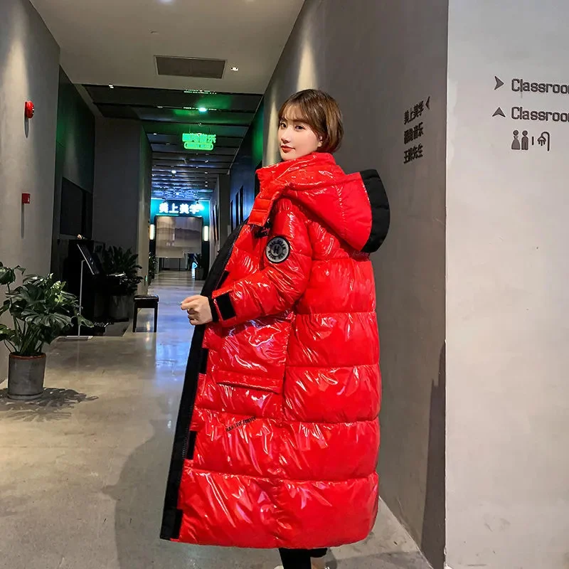 Abrigo Largo Casual con Capucha para Mujer, Negro Brillante, Estilo Parker, Cálido, Grueso, de Algodón con Relleno de Plumón, Resistente al Viento y a la Lluvia, para Invierno
