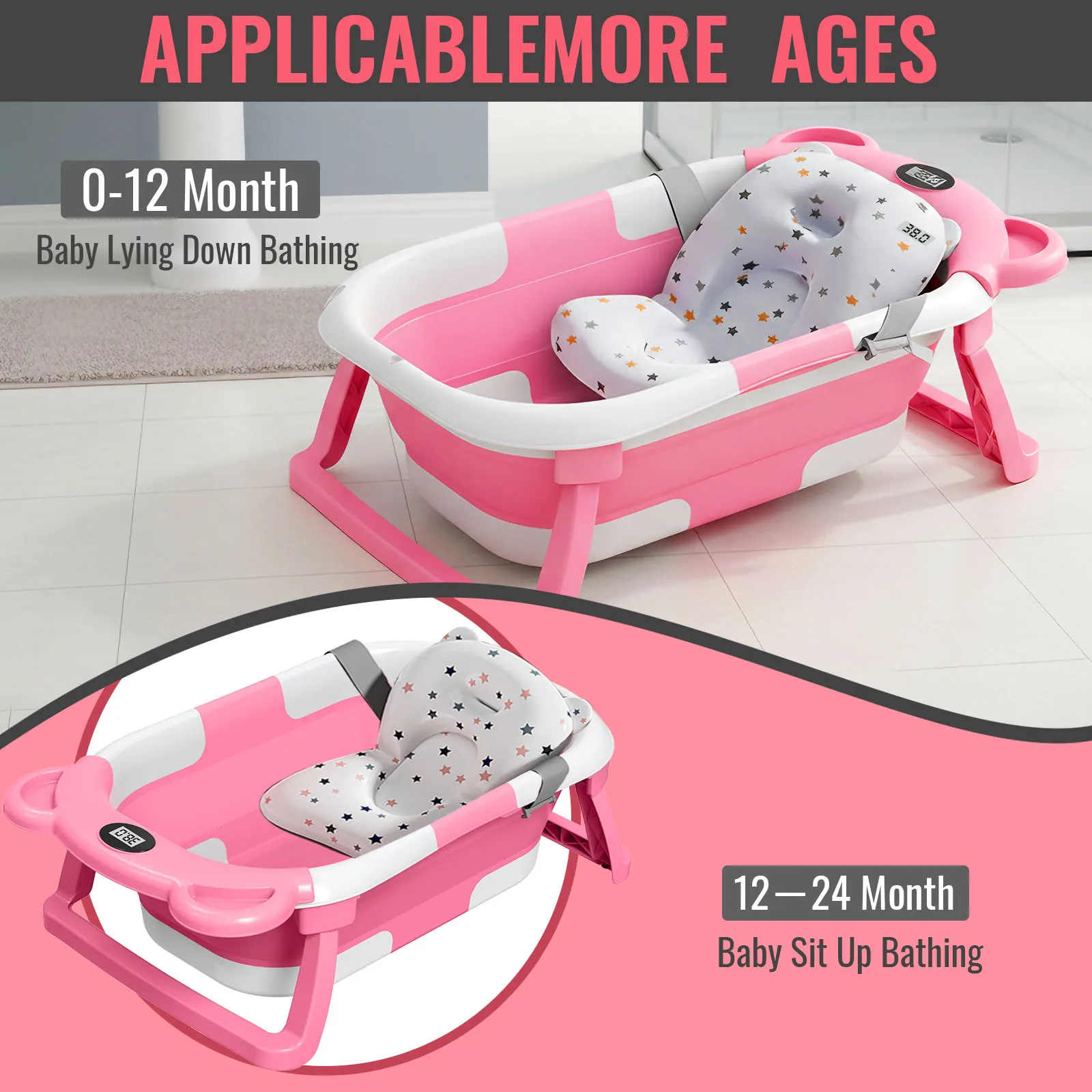 Bañera Plegable para Bebé, Bañera Grande para Bebés con Termómetro y Tapete Antideslizante para Recién Nacidos y Niños Pequeños, Artículos Esenciales para un Baño Seguro, Gris/Rosa
