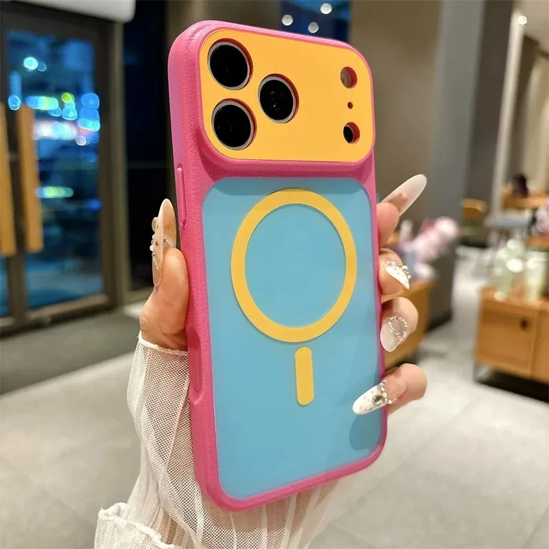 Funda Magnética de Lujo con Bloques de Color para iPhone 18 17 Pro Max 16 15 14 Plus 13 Pro 14 15 16 17, Compatible con Magsafe
