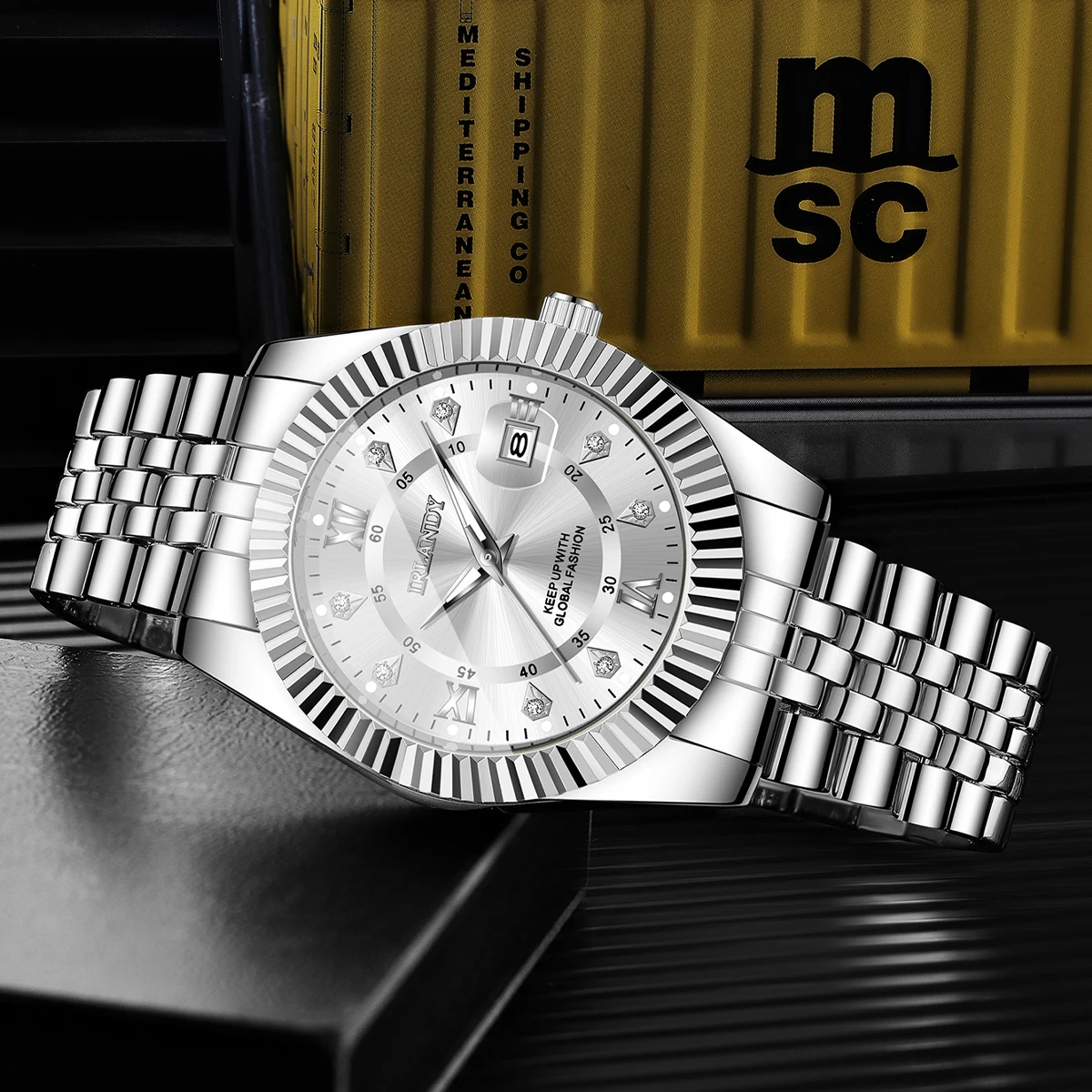 Relojes de lujo con diamantes de imitación para hombre, reloj de cuarzo con calendario a la moda para hombre con correa de acero inoxidable, Reloj Hombre (sin caja)
