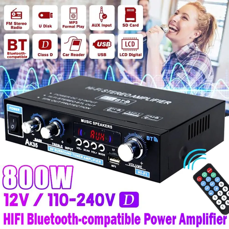AK35 AK380 800W amplificadores de potencia para el hogar 2 canales Bluetooth 5,0 sonido envolvente FM USB Control remoto Mini amplificador Digital HIFI