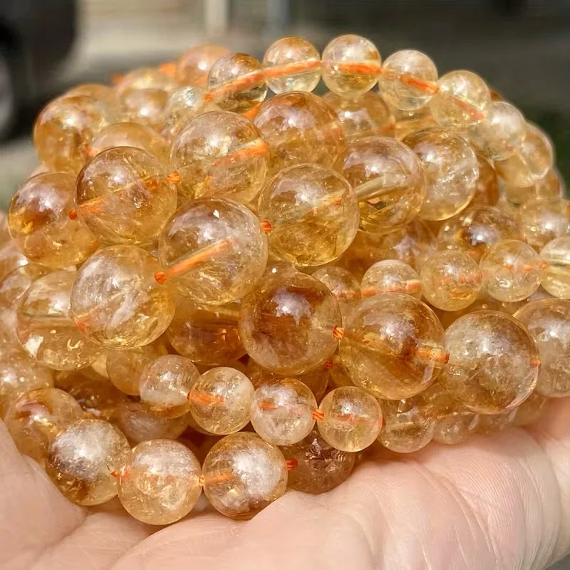 Cuentas de cristal de citrino natural para hacer joyas, cuentas redondas de piedras preciosas para pulsera, collar, cuentas perforadas de 15''