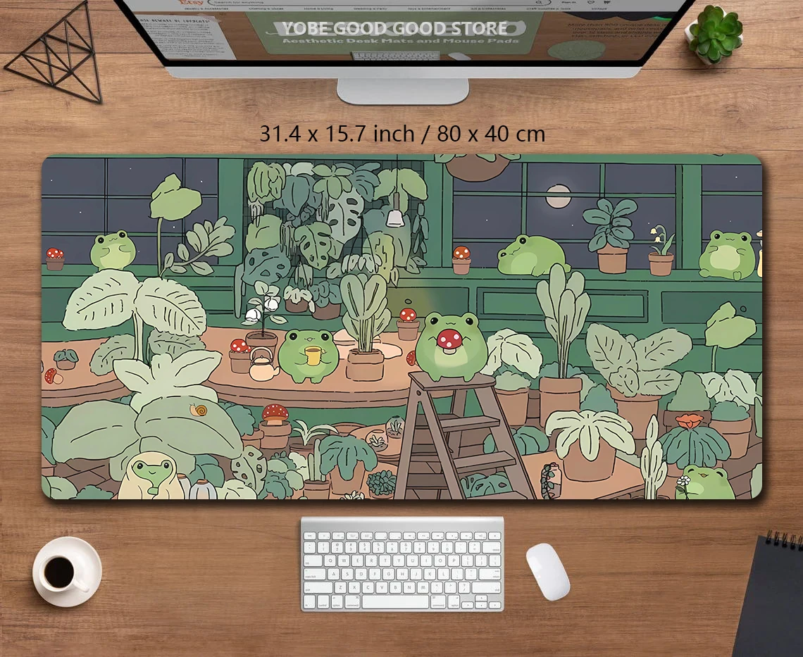 Alfombrilla de escritorio de ranas Kawaii, alfombrilla de ratón grande para juegos Xxl, alfombrilla de ratón bonita de Anime, estética Cozi Lofi, planta, naturaleza, verde, alfombrilla de escritorio extendida