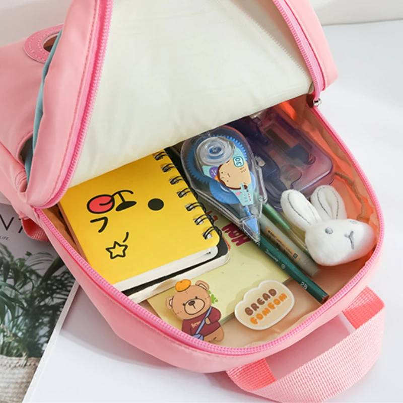 Mochila de conejo 3D de felpa para niños, niñas, niños, mochila escolar con bonito pajarita, mochilas escolares de dibujos animados, bolsa de bebé preescolar para guardería