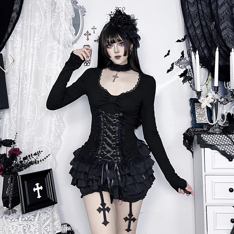 Camiseta Corset Estilo AltGoth Fairycore Grunge Gótico para Mujer, Estética Vintage Oscura, con Encaje y Parches, Cintura Alta, Estilo Bandage
