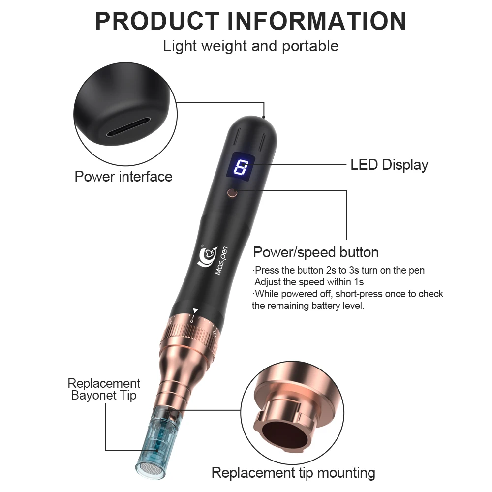 Dermapen/Mas Pen N6 Recargable de 8 Velocidades con 10 Puntas de Repuesto de 0.25mm