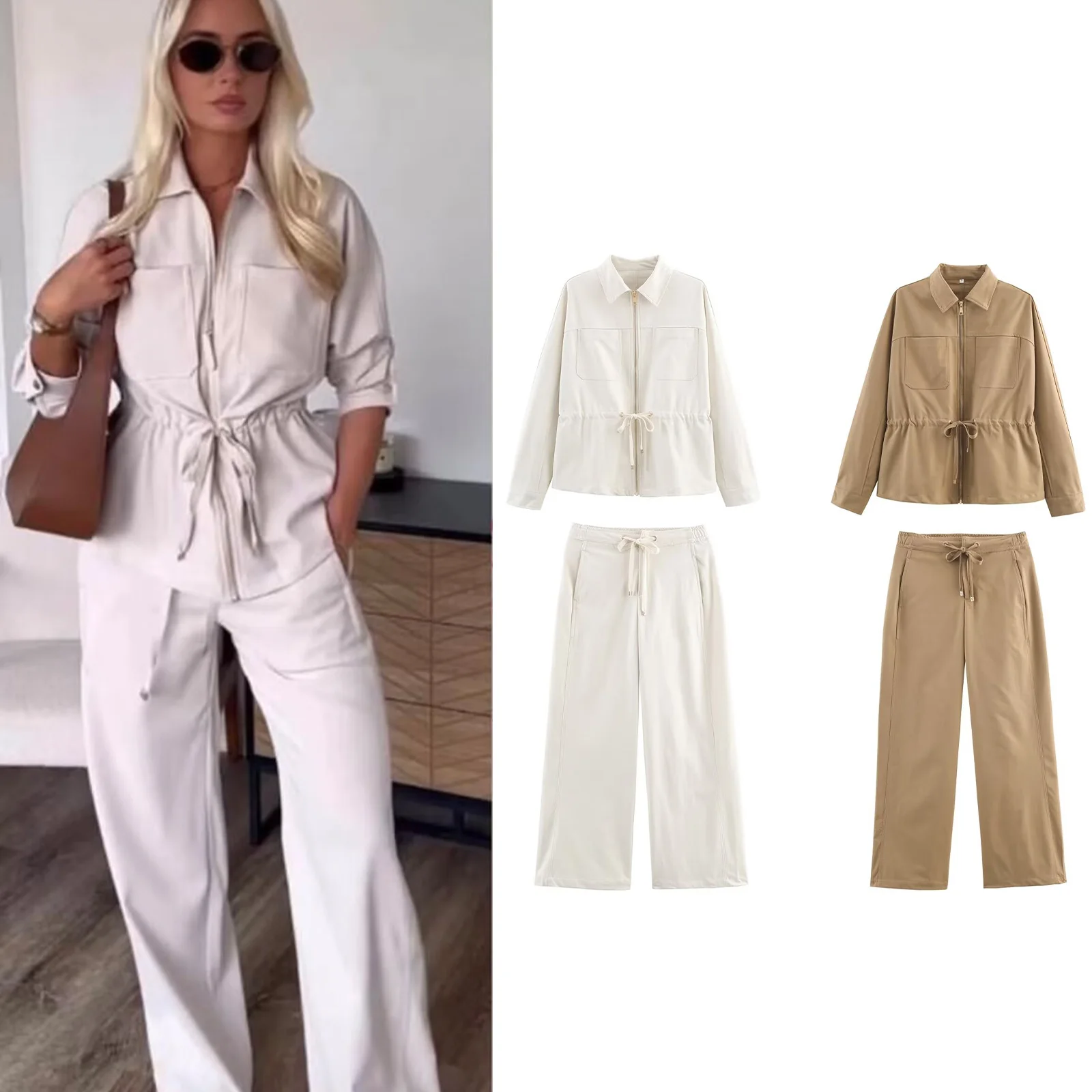 HH, pantalones informales para mujer, trajes de manga larga, cazadora con cremallera sólida + Pantalones con cordón, moda de otoño, ropa de Safari, conjunto caqui