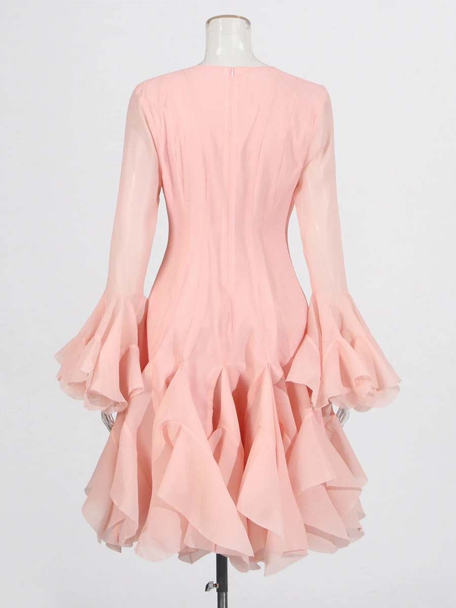 TWOTWINSTYLE, vestidos adelgazantes lisos con botones empalmados para mujer, cuello redondo, manga larga, cintura alta, volantes de retazos, moda femenina nueva