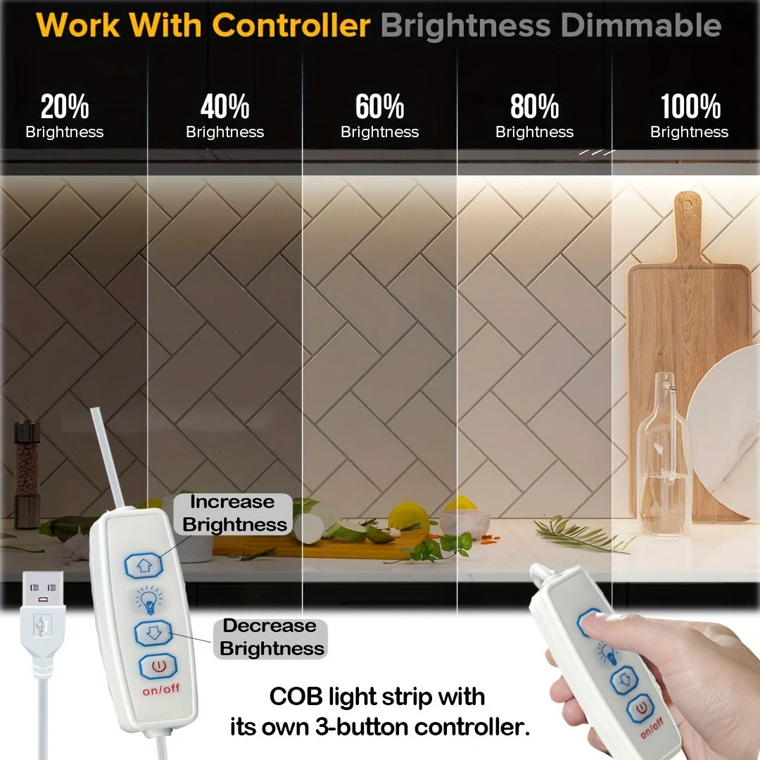 Tira de luces LED COB de 5V, cinta Flexible regulable de 3 teclas, iluminación blanca cálida para habitación, TV, espejo, retroiluminación, decoración de pared