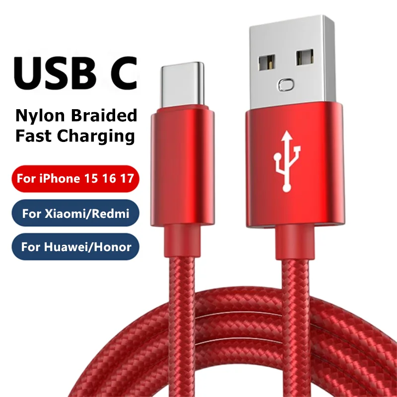 Cable USB Tipo C Trenzado para iPhone 15 16 17 Pro Max, Cable de Carga Rápida y Transferencia de Datos para Samsung Xiaomi Redmi POCO Huawei Honor OnePlus