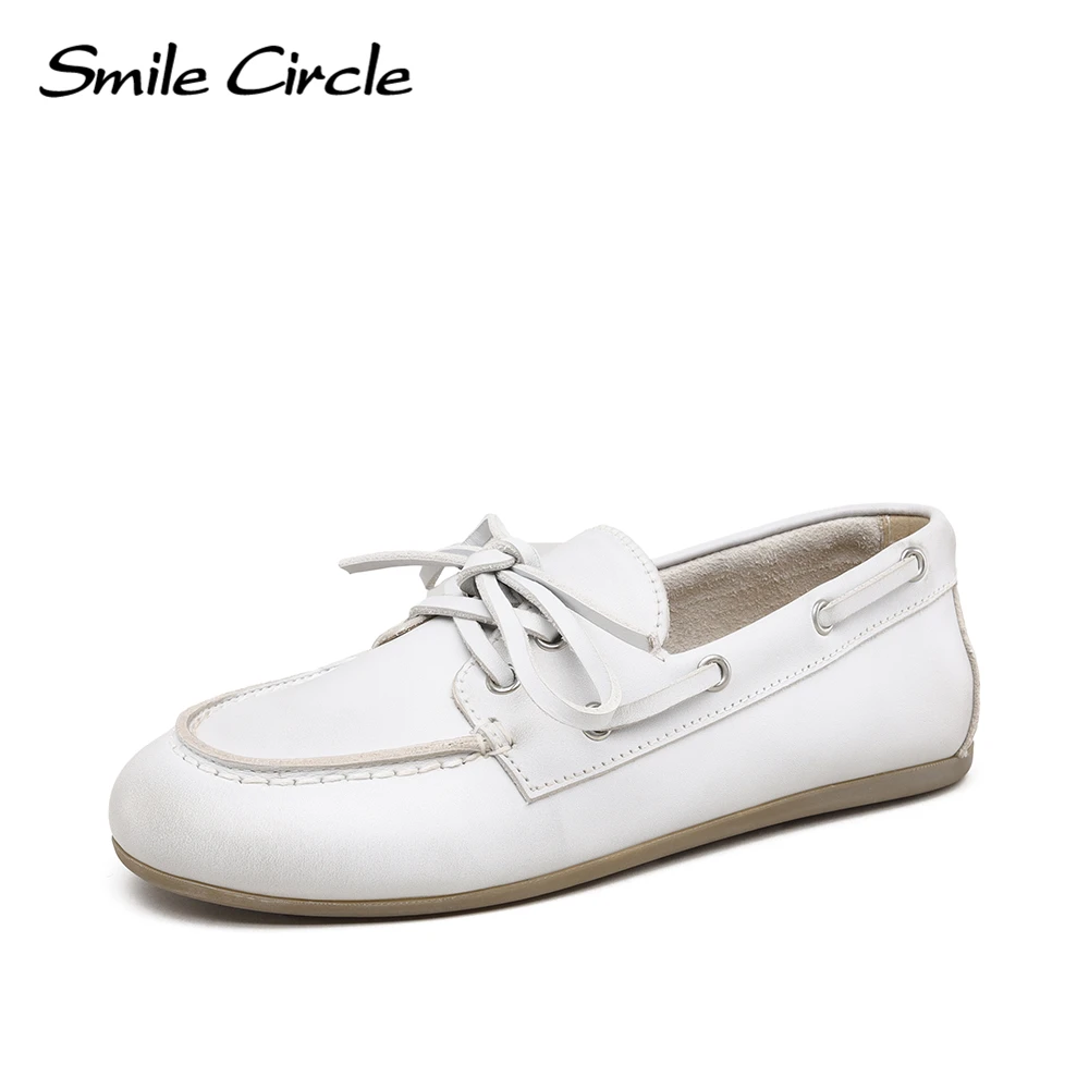 Zapatos náuticos Smile Circle, mocasines de cuero genuino para mujer, mocasines, zapatos planos con cordones