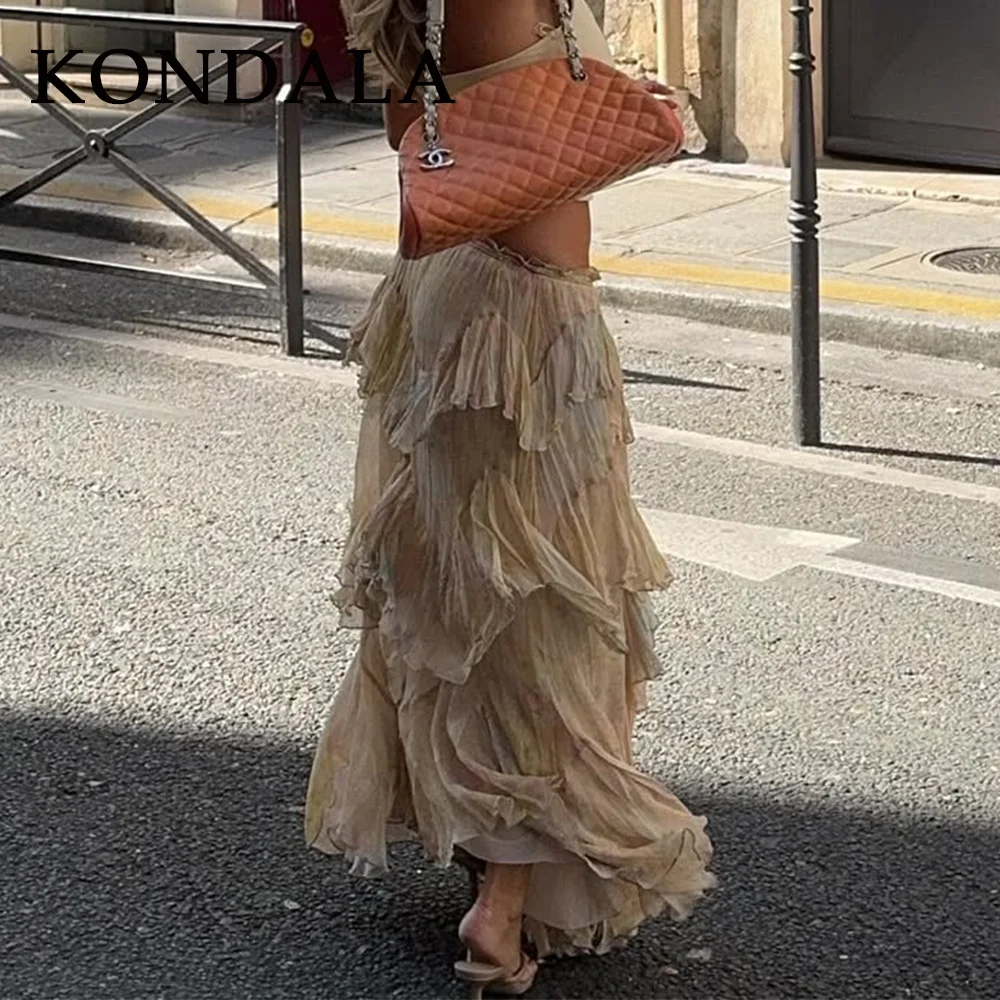 KONDALA Primavera Verano 2026, Faldas Casuales Estampadas para Mujer, Elegantes y a la Moda, Estilo Playa, Falda Larga en A con Volantes para Damas