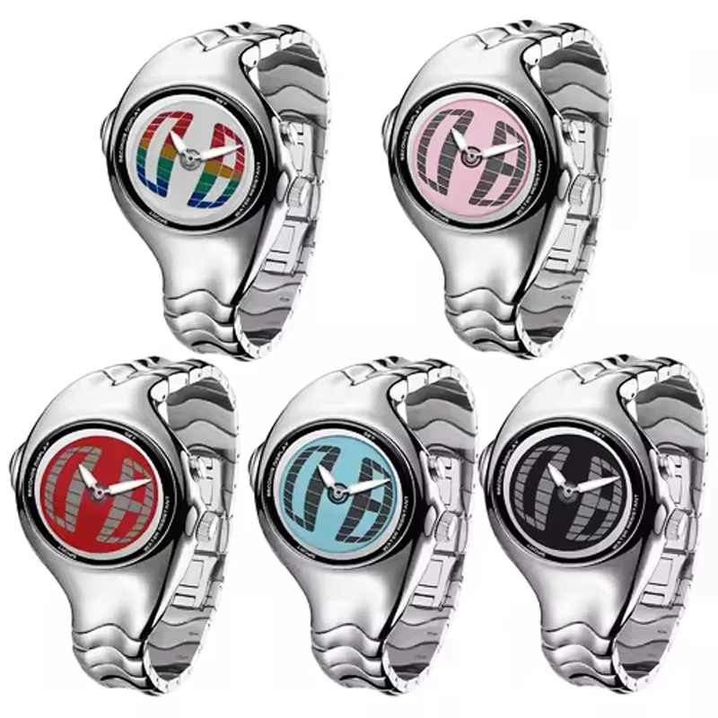 Reloj digital Y2K para hombre con tecnología retorcida, reloj de pulsera de cuarzo de metal único con pantalla dual, estilo vintage futurista