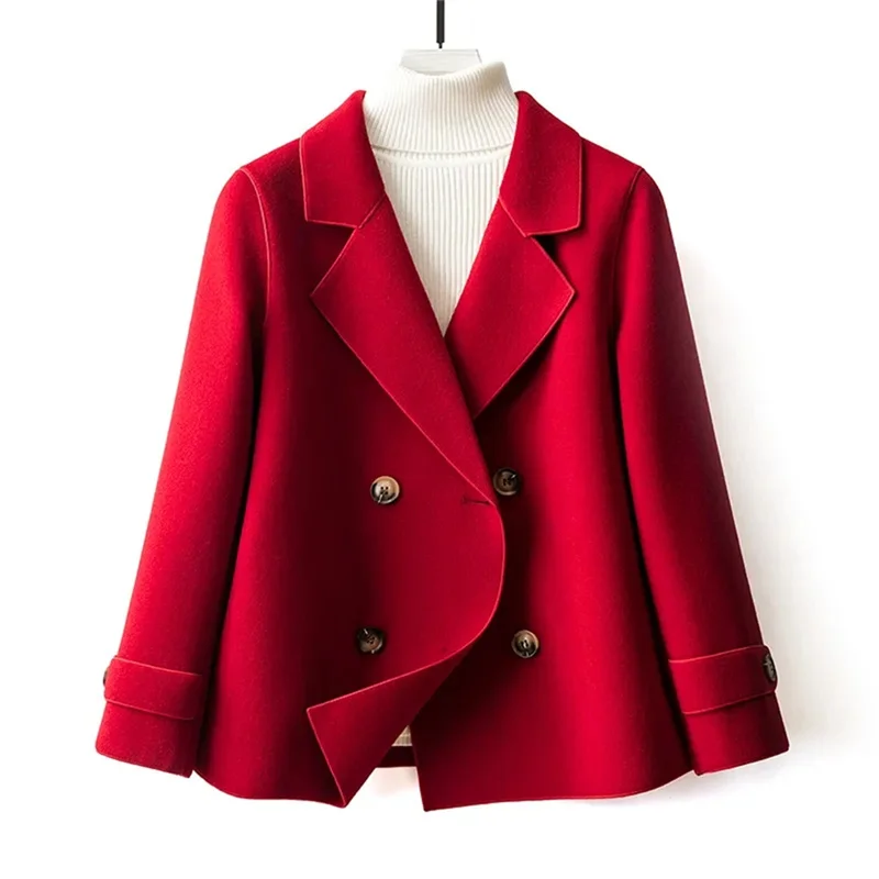 Abrigo de lana de doble cara de alta calidad para mujer, novedad 2026, corto, con cuello de muñeca, estilo elegante, para madre, color rojo.